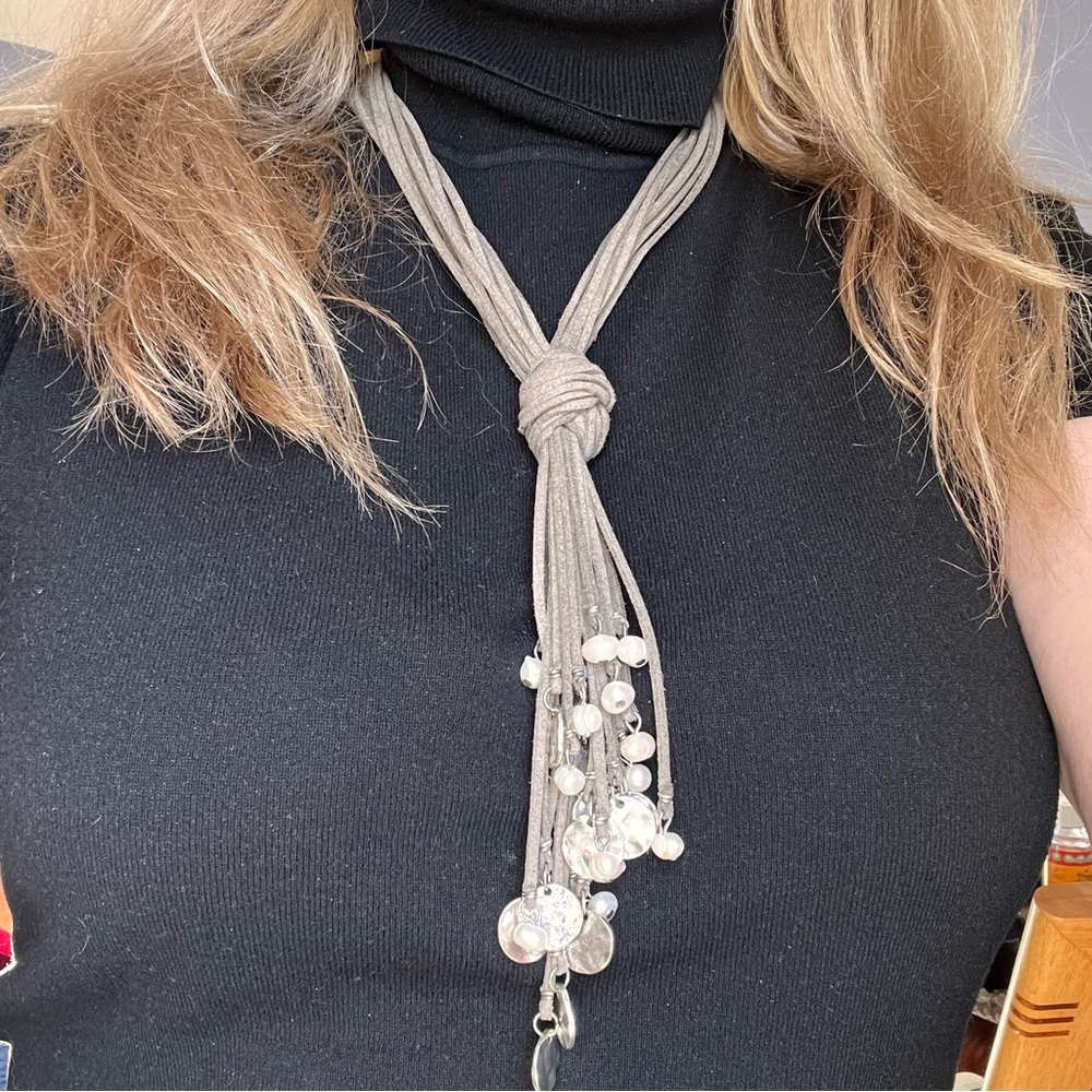 Suede Multi-Strand Silver and Pearl Necklace